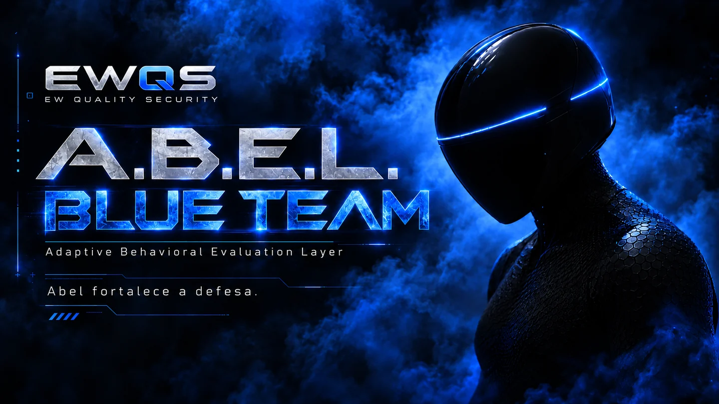 A.B.E.L. Blue Team: personagem da identidade EWQS com armadura escura e iluminação azul. Abel fortalece a defesa.