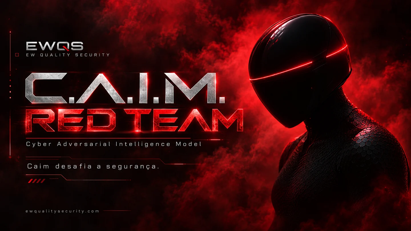 C.A.I.M. Red Team: personagem da identidade EWQS com armadura escura e iluminação vermelha. Caim desafia a segurança.